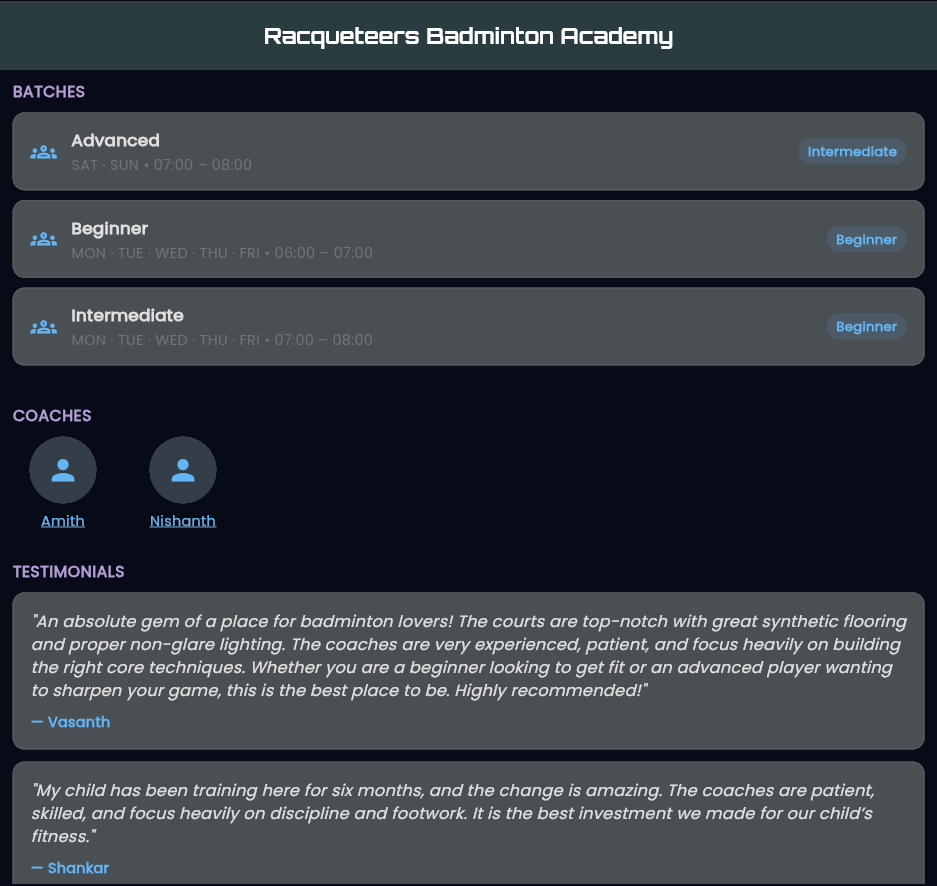 Lower half of the academy public profile: three batches listed with their weekly schedules and levels, two named coaches, and parent testimonials.