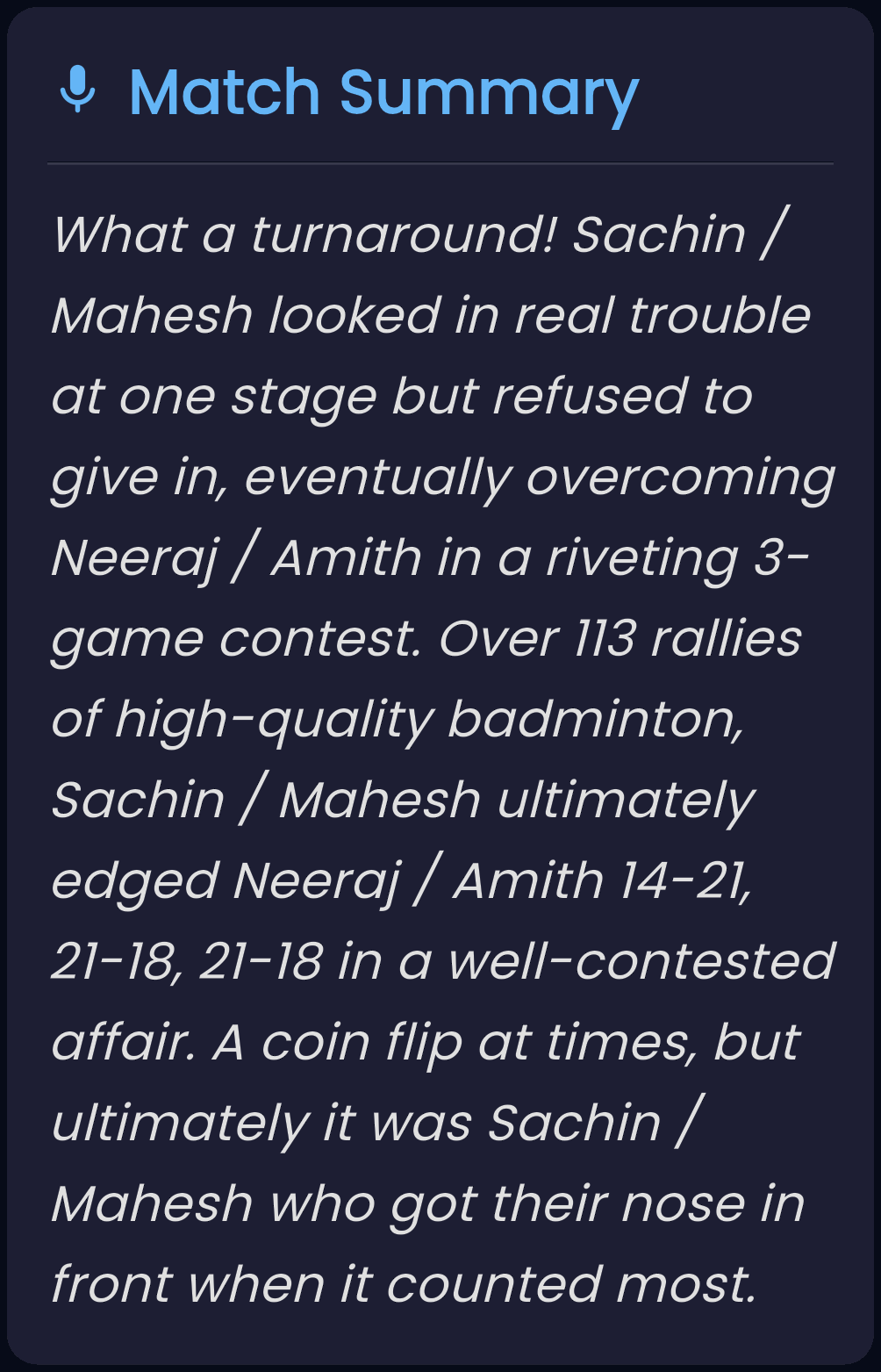 Match Summary card: a written report reading "What a turnaround! Sachin / Mahesh looked in real trouble at one stage but refused to give in, eventually overcoming Neeraj / Amith in a riveting 3-game contest. Over 113 rallies of high-quality badminton, Sachin / Mahesh ultimately edged Neeraj / Amith 14-21, 21-18, 21-18."